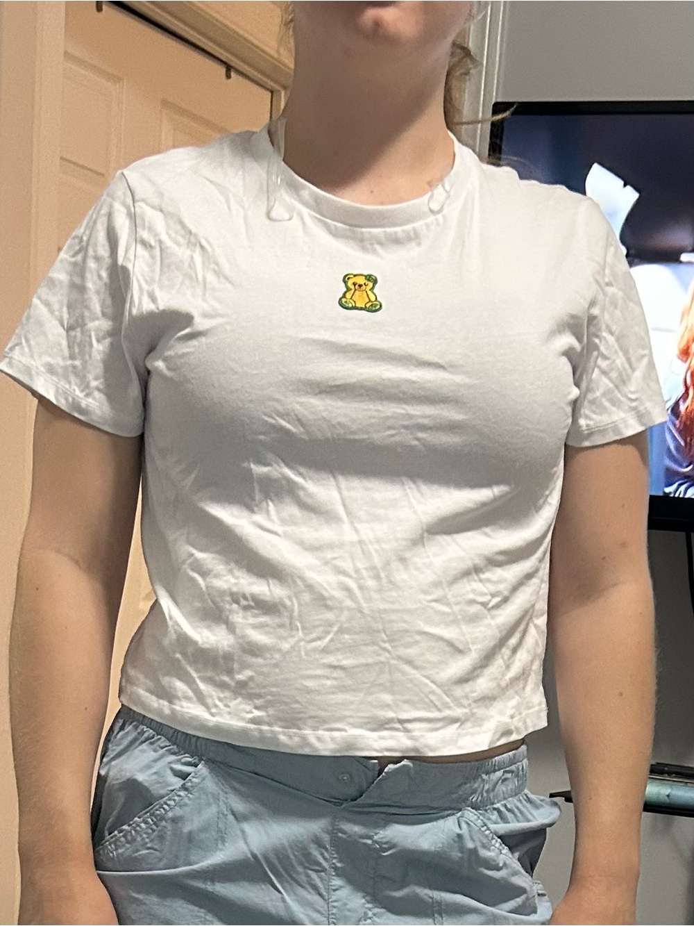 White Cropped Tee with Yellow Bear Patch - Women
